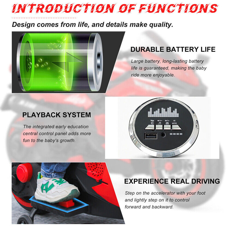 Electric 3 Wheel Motorbike for Kids with Music and LED Lights - 12V Battery Powered