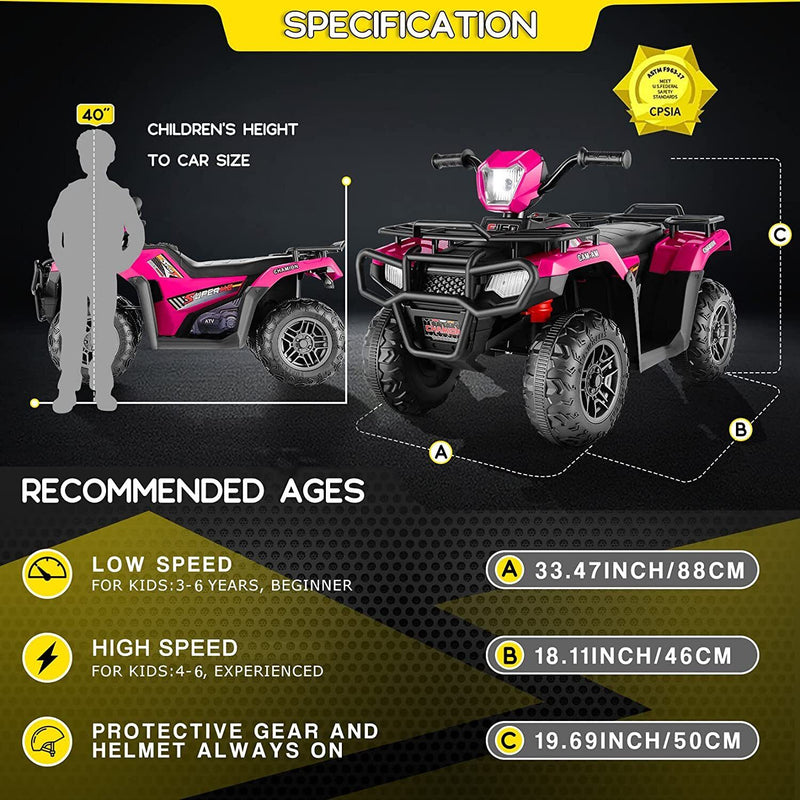 Electric ATV Quad Ride-On Car for Kids with LED Lights and USB/AUX Port