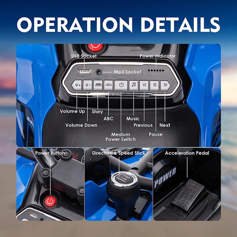 Electric 4-Wheeler ATV Quad for Kids with 2 Speeds, MP3 Player, and LED Lights