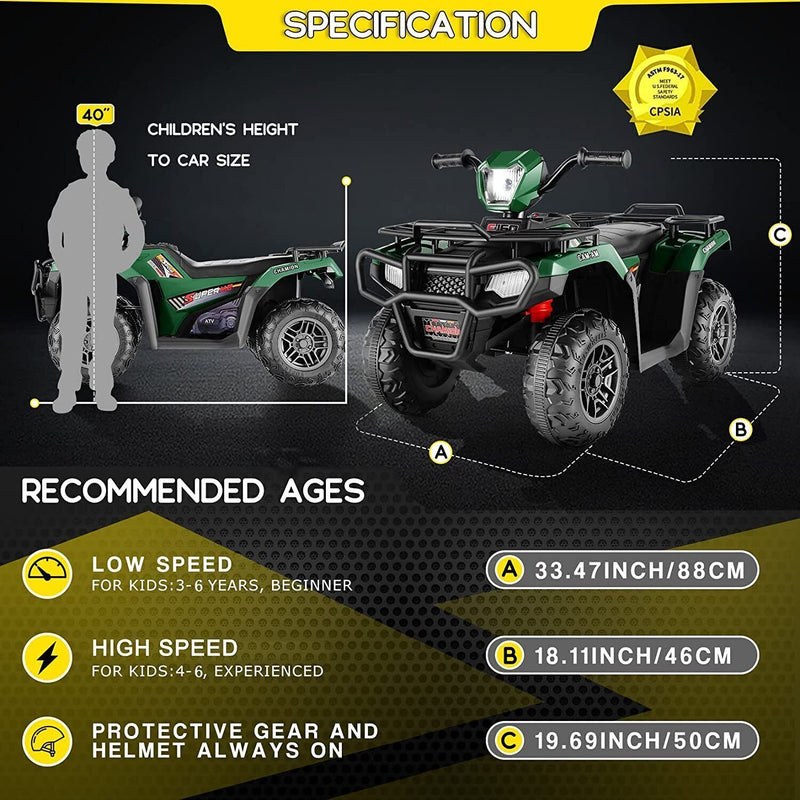 Electric 4-Wheeler ATV Quad for Kids with LED Lights, USB and MP3 Player - Suitable for Boys and Girls Aged 3-8 Years