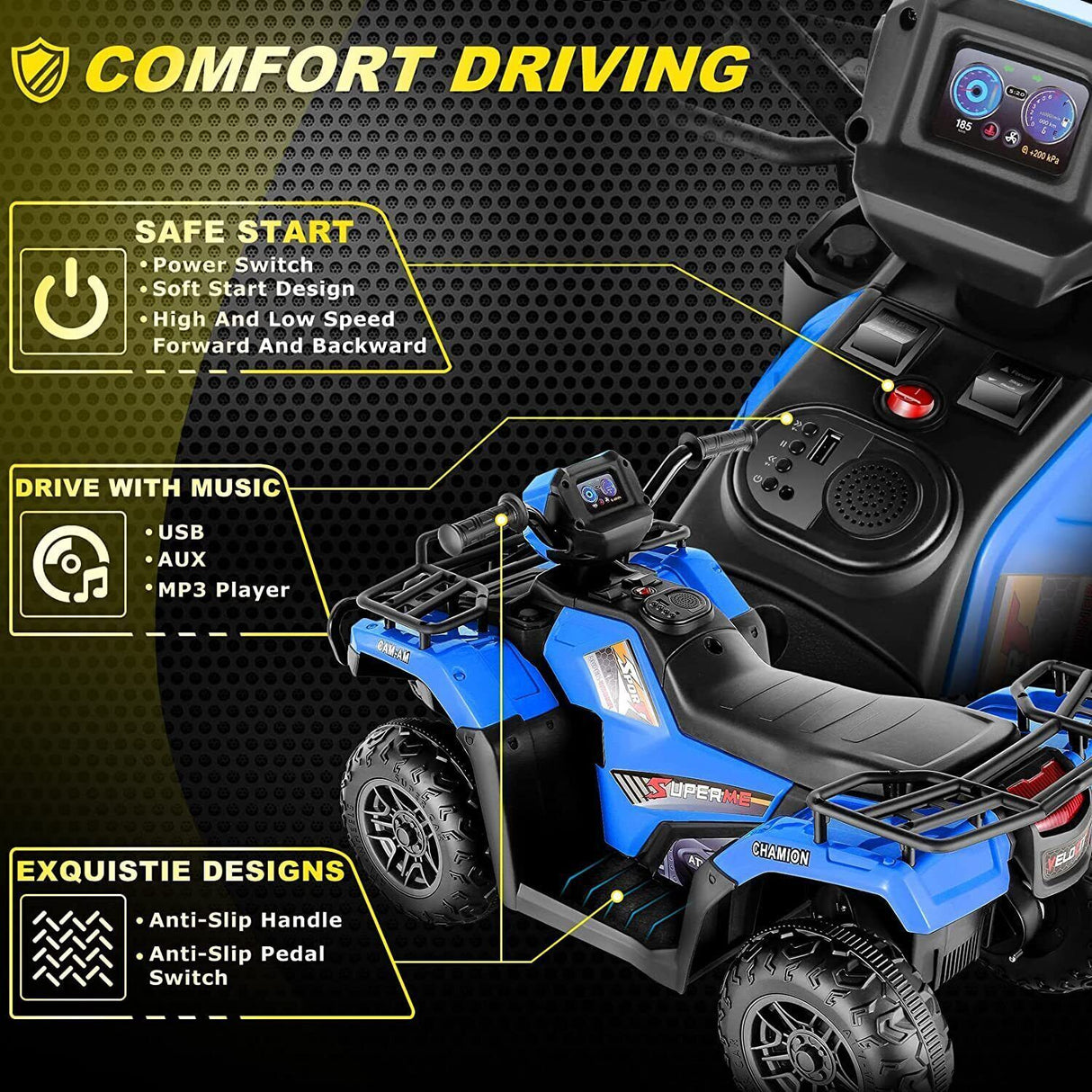 Electric 4-Wheeler ATV Quad for Kids with LED Lights, USB and MP3 Player - Suitable for Girls and Boys