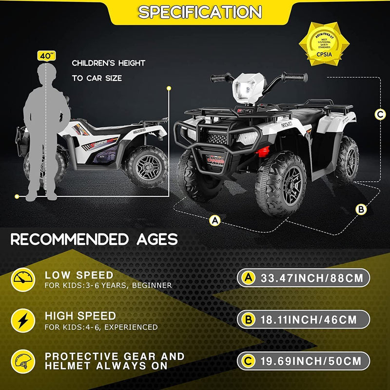 Electric 4-Wheeler ATV Quad for Kids with LED Lights, USB and MP3 Player - Suitable for Girls and Boys Aged 13 and Under