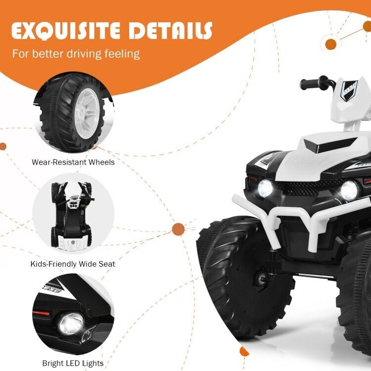 Electric 4-Wheeler ATV Quad Ride On Car for Kids with LED Lights and Music - White