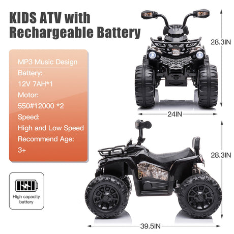 12V Electric Ride-On ATV Quad for Kids with LED Lights, Music, and USB