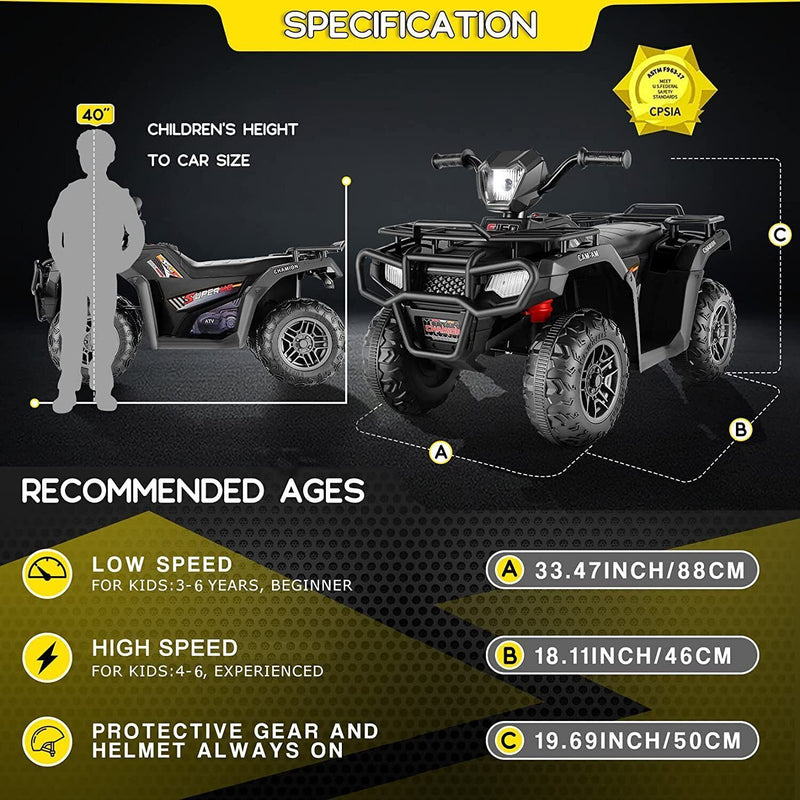 Electric 4-Wheeler Quad Car for Kids with MP3 & USB - 12V Battery Powered