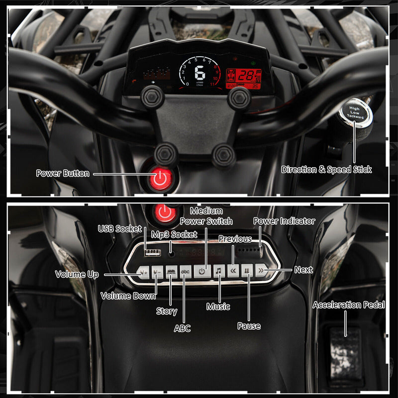 Electric 4-Wheeler Quad for Kids with 2 Speeds, Mp3 Player, and Headlights - Black