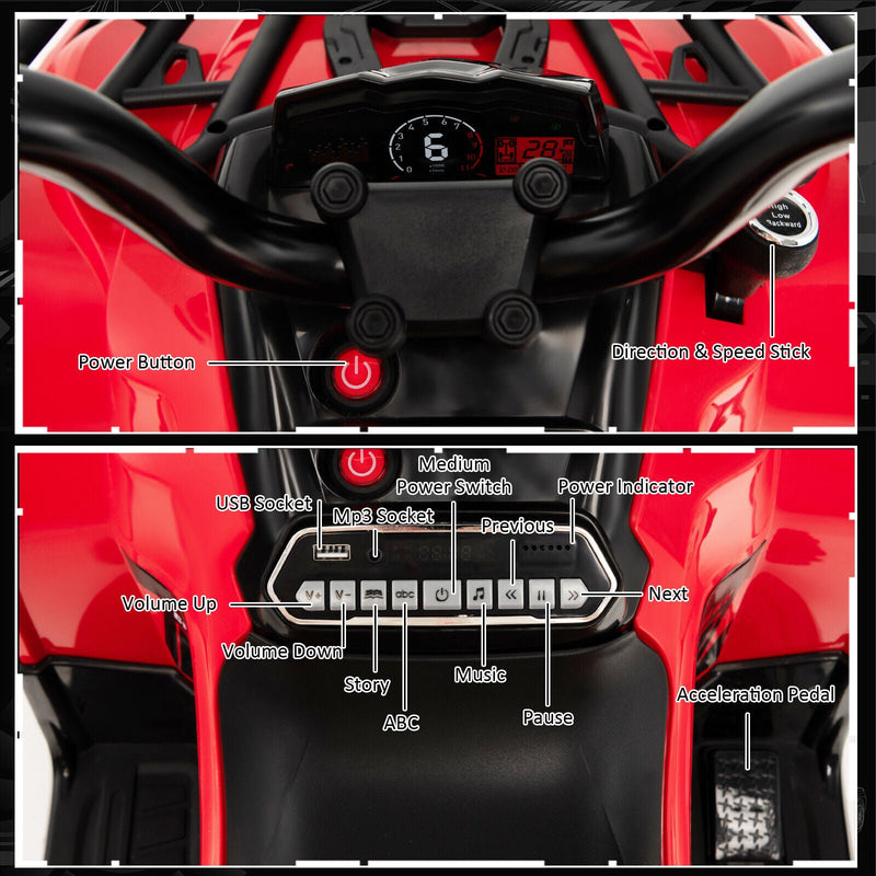 Electric 4-Wheeler Quad for Kids with 2 Speeds, MP3 Player, and Headlights - Red