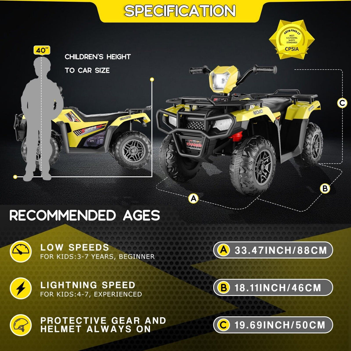 Electric 4-Wheeler Quad for Kids with MP3 & Headlights - 2 Speeds, 12V, Yellow