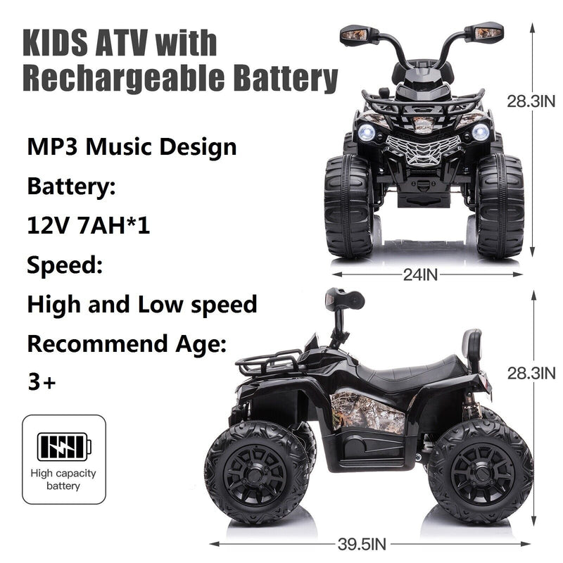 Electric 4-Wheeler Quad for Kids with MP3 and Headlights - 2 Speeds, 12V, Black
