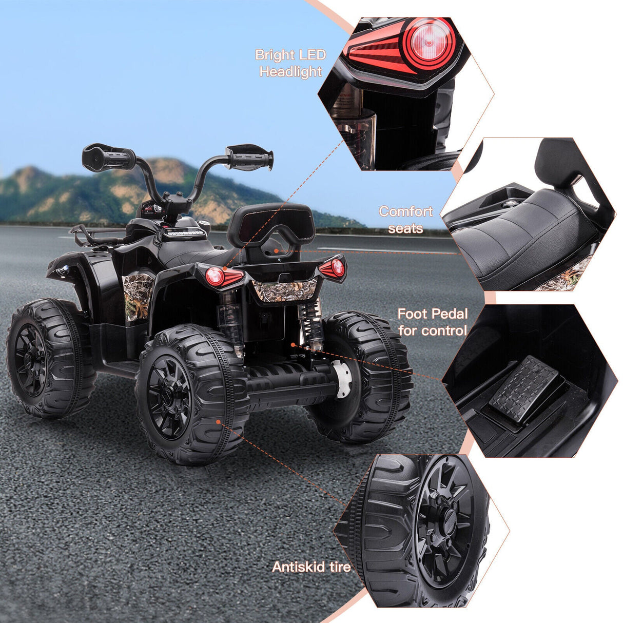 Electric 4-Wheeler Quad for Kids with Music and LED Lights - 12V Black ATV Ride-On