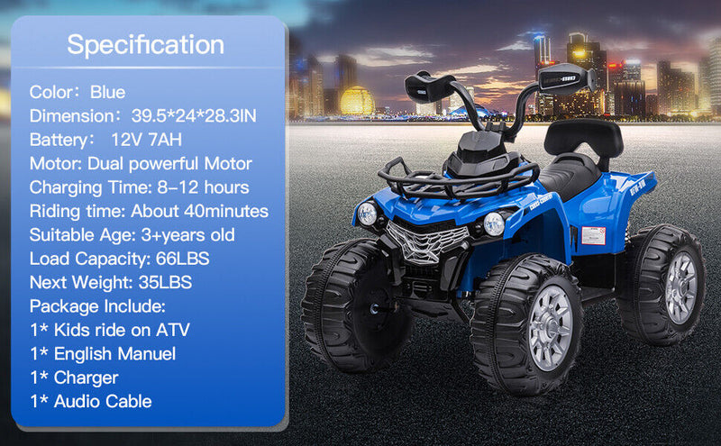 Electric 4-Wheeler Quad for Kids with 2 Speeds, MP3 & Headlights - Blue