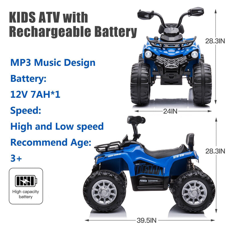 Electric 4-Wheeler Quad for Kids with 2 Speeds, MP3 & Headlights - Blue