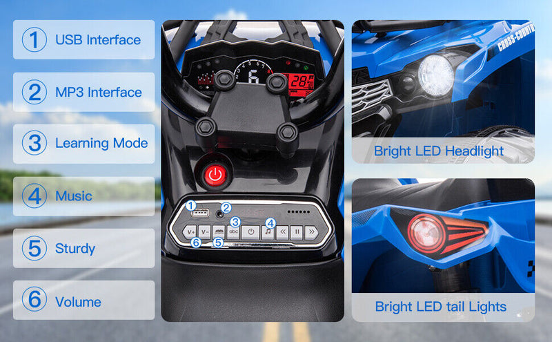 Electric 4-Wheeler Quad for Kids with 2 Speeds, MP3 Player, and Headlights - 12V Outdoor Ride On ATV