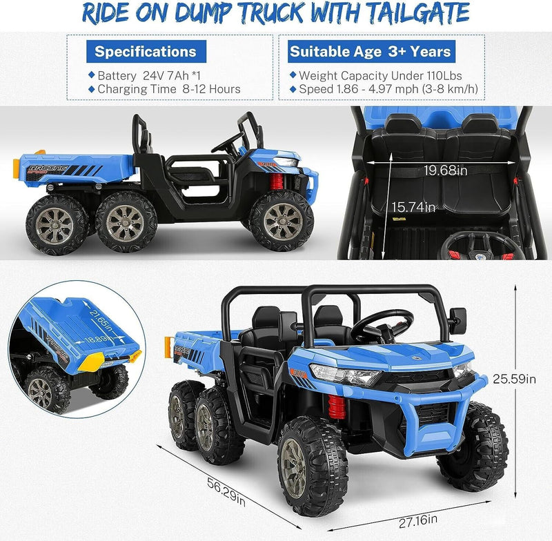 Electric 4WD UTV Dump Truck Car for Kids with 2 Seats and Dump Bed - 24V Toy Vehicle