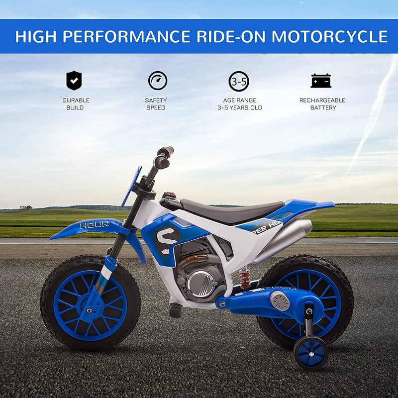 Electric Dirt Bike for Kids with Training Wheels and Rechargeable Battery - Blue