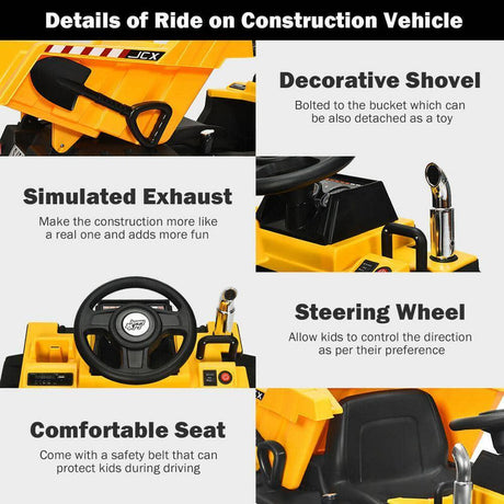 Electric Dump Truck RC Construction Vehicle for Kids - 12V Battery Powered Tractor with Functional Bucket
