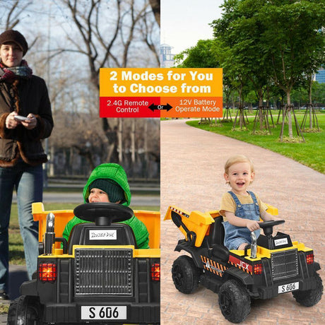 Electric Dump Truck RC Construction Vehicle for Kids - 12V Battery Powered Tractor with Functional Bucket