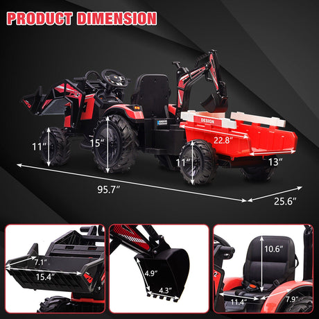 Electric Excavator & Bulldozer Toy Car with Trailer and Music for Kids (24V)