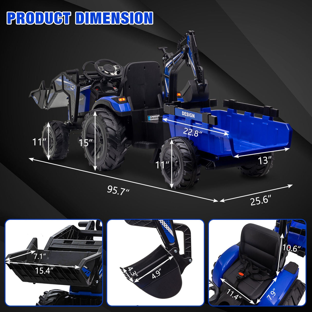 Electric Excavator & Bulldozer Toy Car with Trailer and Music for Kids (24V)
