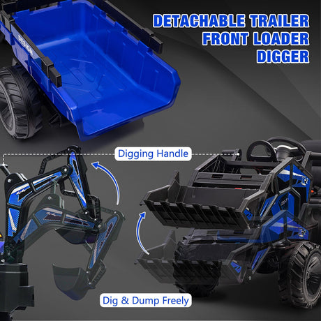 Electric Excavator & Bulldozer Toy Car with Trailer and Music for Kids (24V)