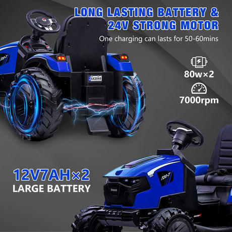Electric Excavator & Bulldozer Toy Car with Trailer and Music for Kids (24V)