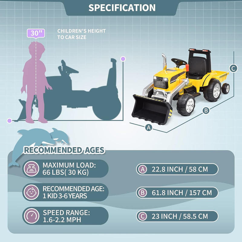 Electric Excavator Tractor Ride-On Car for Kids - 12V Battery Powered Motorized Vehicle