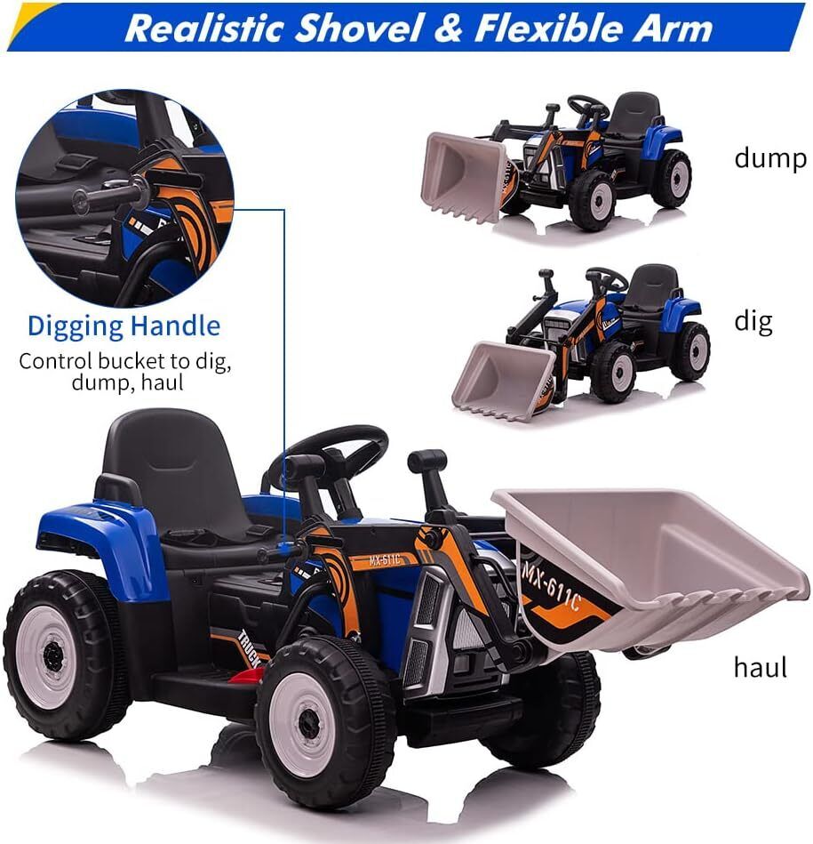 Electric Excavator Truck Digger for Kids with Music, Lights, and Remote Control - 12V