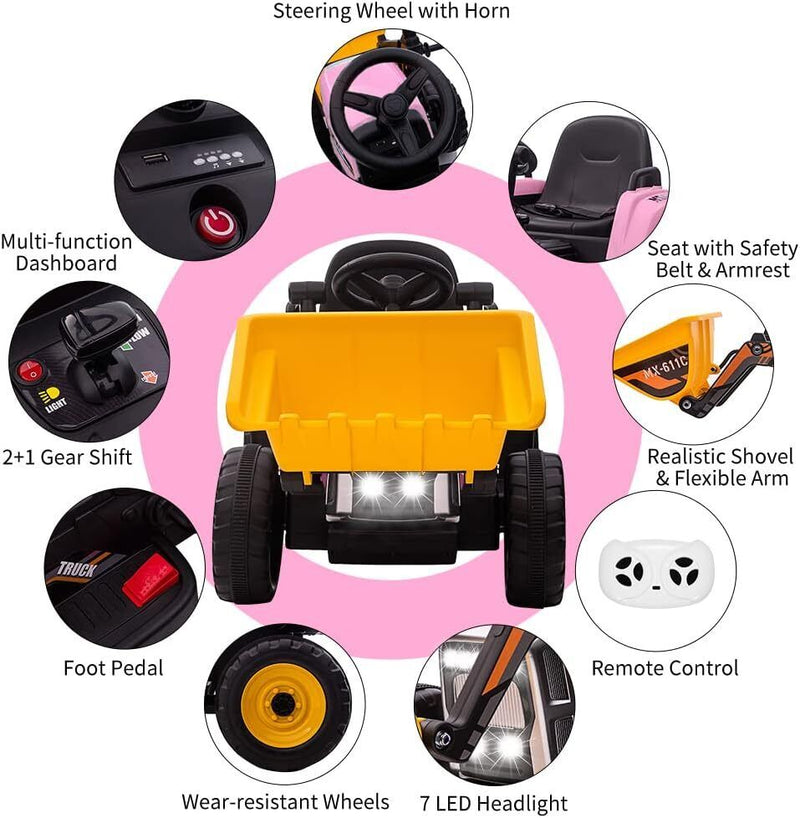 Electric Excavator Truck for Kids with 3 Speeds and Music - 12V Battery Powered Digger Ride-On
