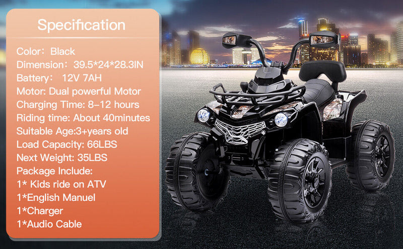 12V Kids Electric Quad 4-Wheeler ATV Toy with LED Lights and 2 Speed Options