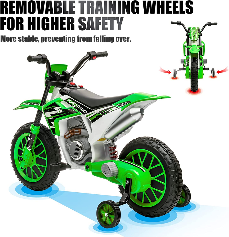 Electric Kids Dirt Bike with Training Wheels - 12V7AH Battery Powered, 2 Speeds