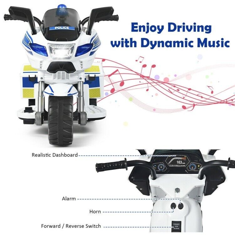 Electric Kids Police Ride On 3 Wheel Motorcycle with MP3 Player - Toddler Car Toy