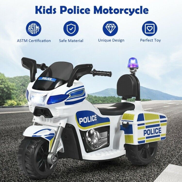 Electric Kids Police Ride On 3 Wheel Motorcycle with MP3 Player - Toddler Car Toy