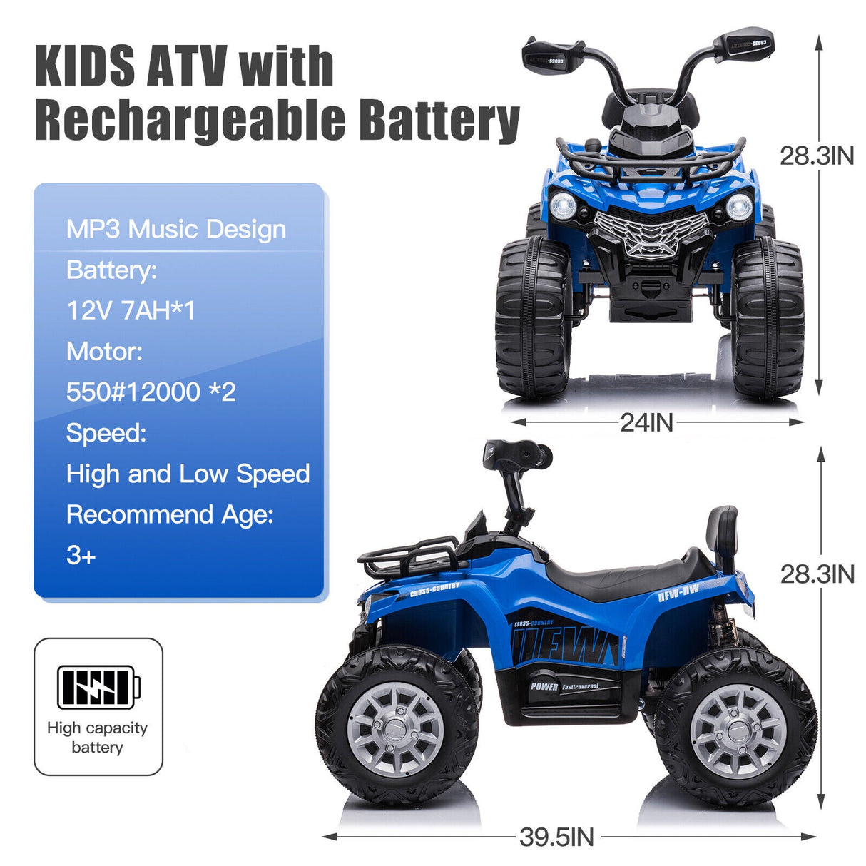 Electric Kids Ride On ATV 4-Wheeler Quad with Music, LED Lights, and USB - Blue