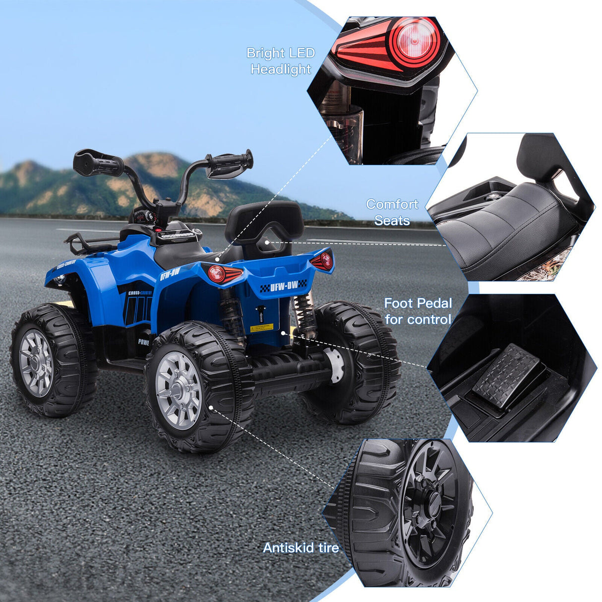 Electric Kids Ride On ATV 4-Wheeler Quad with Music, LED Lights, and USB - Blue