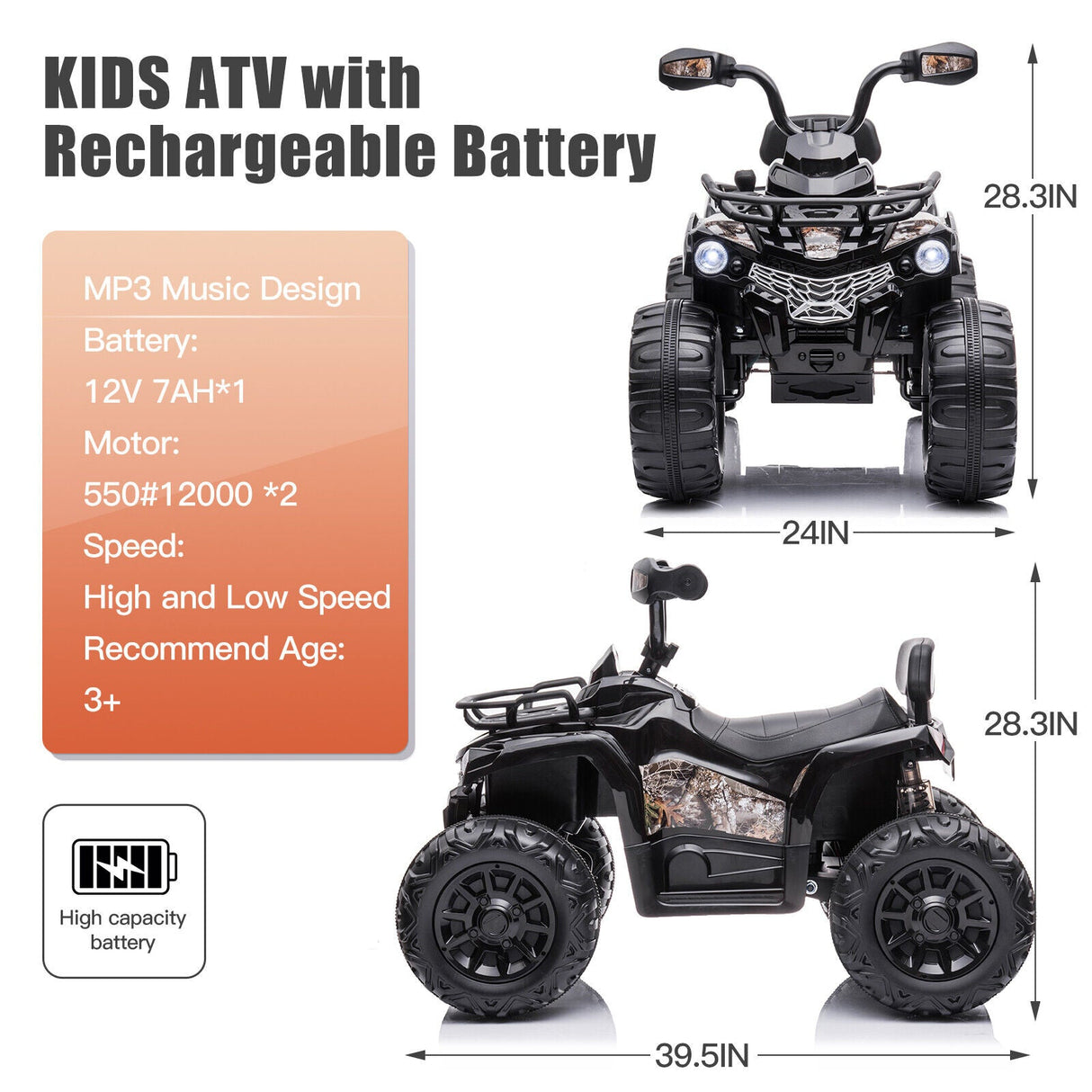 Electric Kids Ride on Beach ATV Truck with Music and Lights - 12V Rechargeable Toy