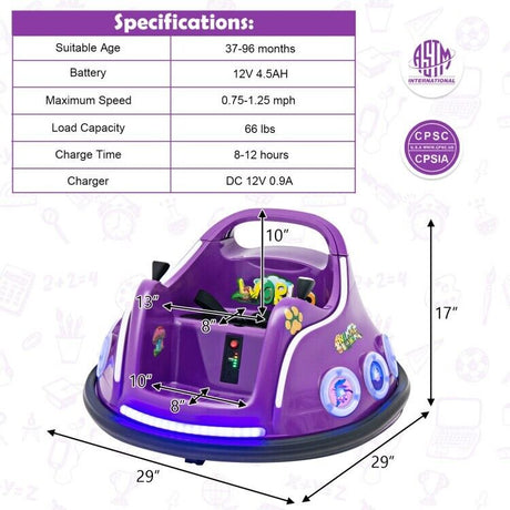 Electric Kids Ride-On Car with Remote Control and Flashing LED Lights - Purple