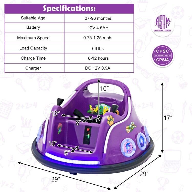 Electric Kids Ride-On Car with Remote Control and Flashing LED Lights - Purple