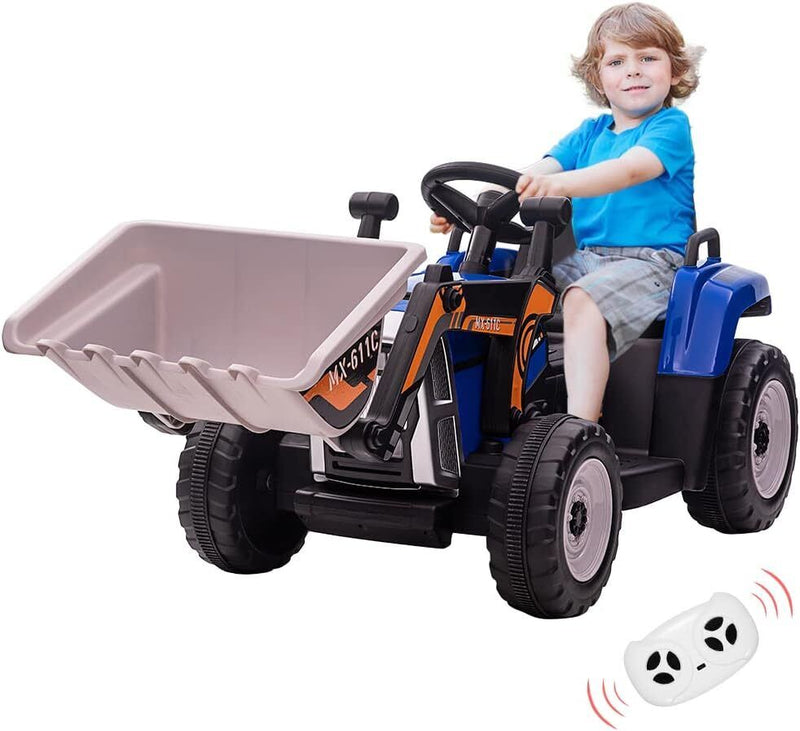 Electric Kids Ride-On Excavator Toy with Remote Control and Lights - Blue