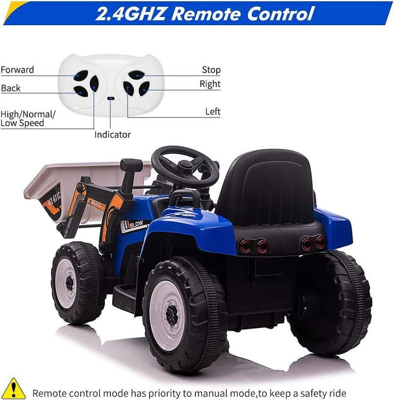 Electric Kids Ride-On Excavator Toy with Remote Control and Lights - Blue
