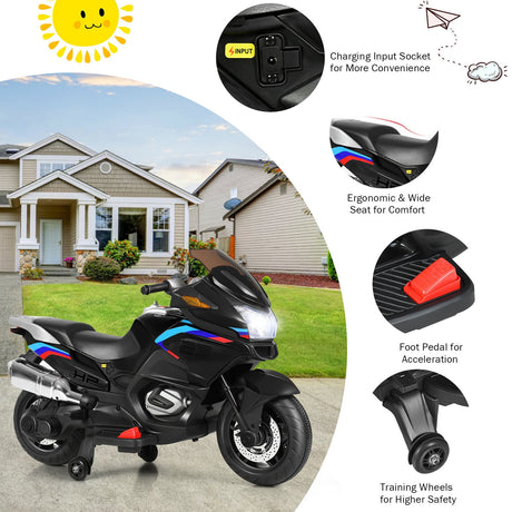 Electric Kids Ride-On Motorcycle with Training Wheels and Lights - Black