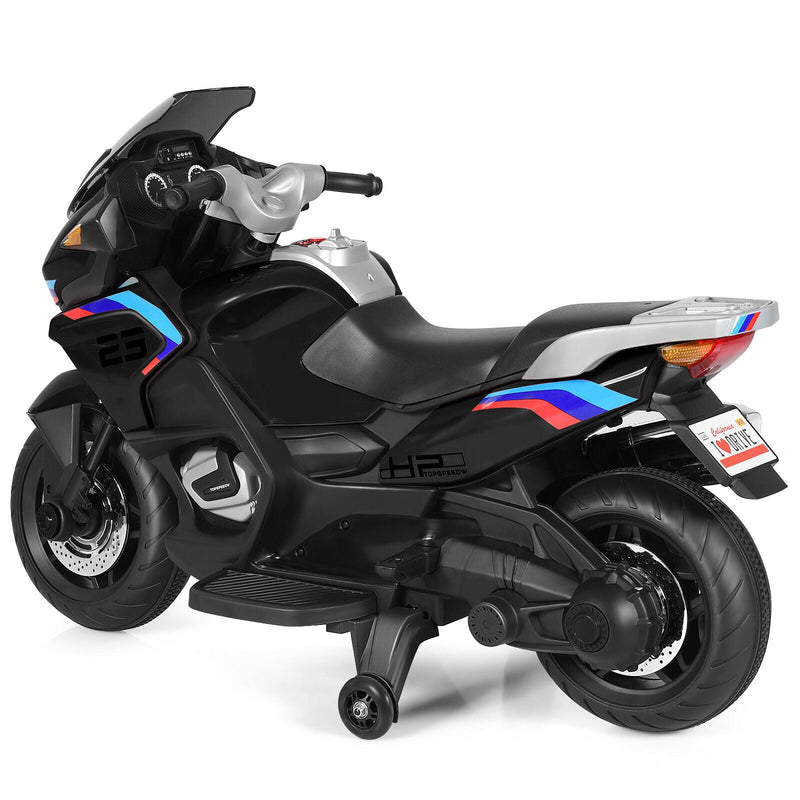 Electric Kids Ride-On Motorcycle with Training Wheels and Lights - Black