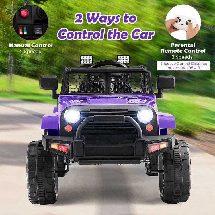 Electric Kids Ride On Truck Car with Remote Control and 3-Speeds - Purple with Headlights
