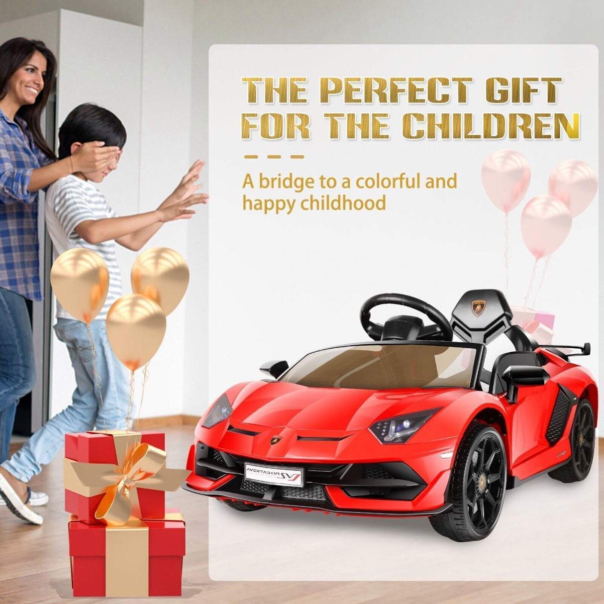 12V Licensed Lamborghini Car Toy with LED Headlights and Hydraulic Door for an Exciting Ride-On Experience