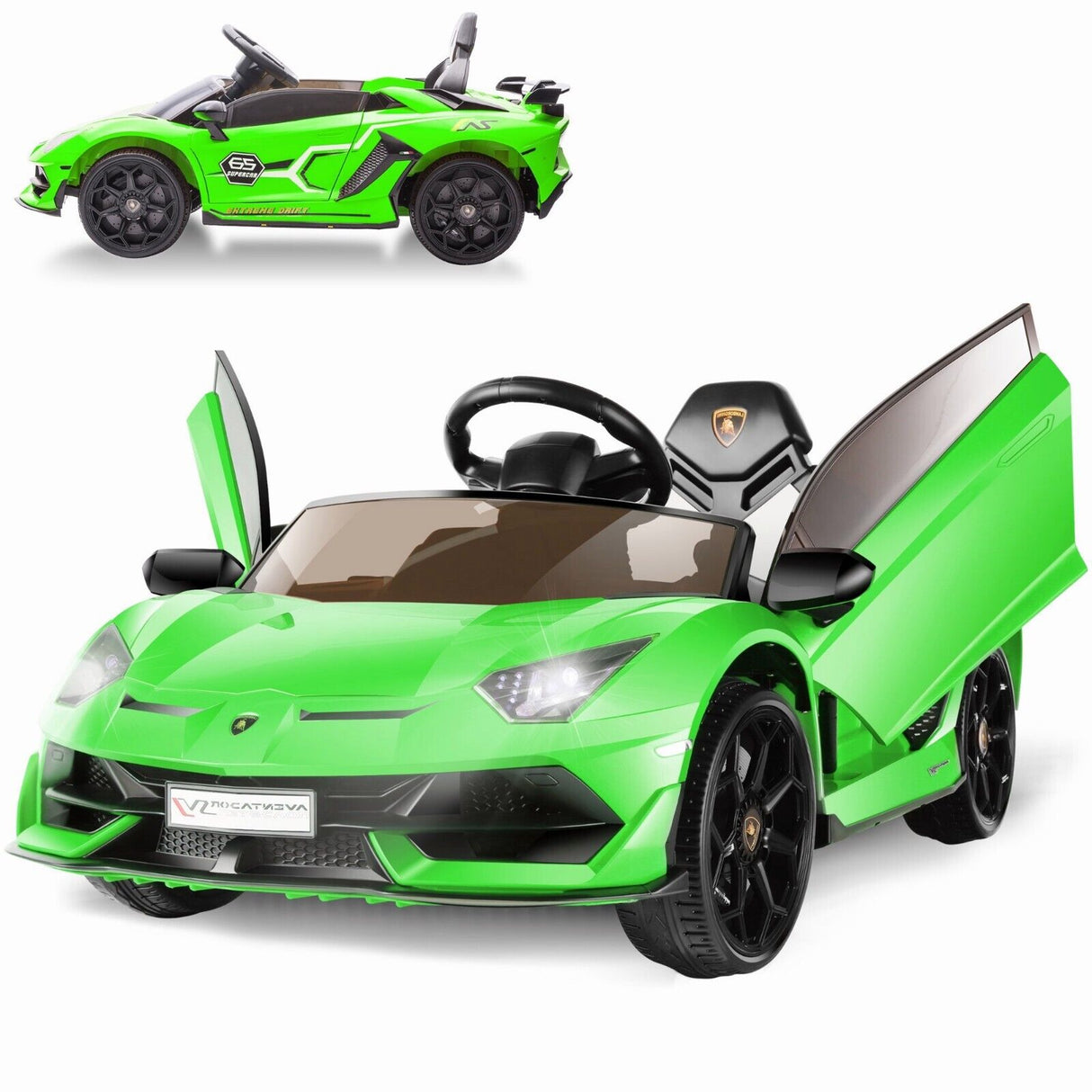 Licensed Lamborghini Electric Ride On Car with 3 Speeds, Headlights, and Hydraulic Doors - 12V