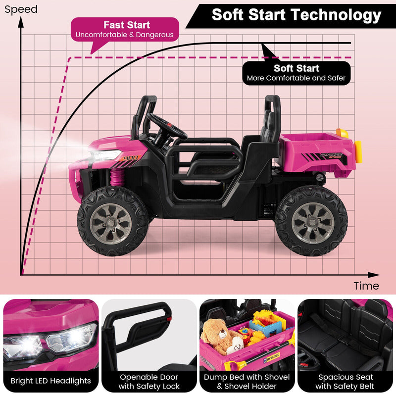 Electric Pink 2 Seater UTV Dump Truck with Remote Control and Functional Dump Bed