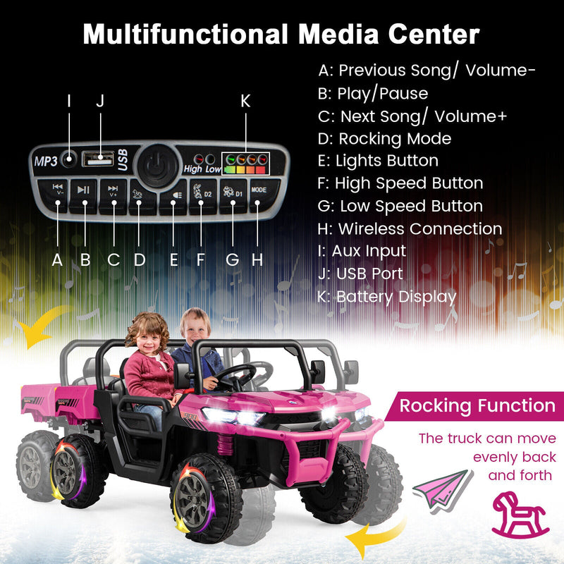 Electric Pink 2 Seater UTV Dump Truck with Remote Control and Functional Dump Bed