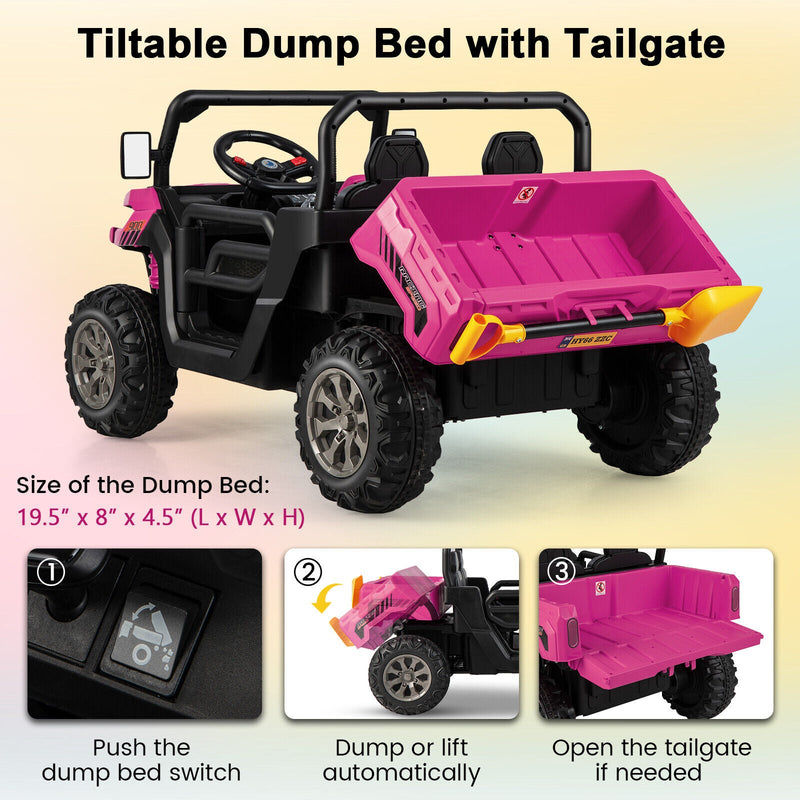 Electric Pink 2 Seater UTV Dump Truck with Remote Control and Functional Dump Bed