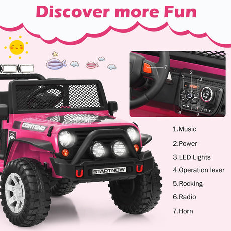 Electric Pink Ride On Truck for Kids with Remote Control & Lights - 12V