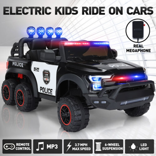 Electric Police Car Ride-On for Kids with 6 Wheels, LED Lights, Intercom, Siren, and Remote Control