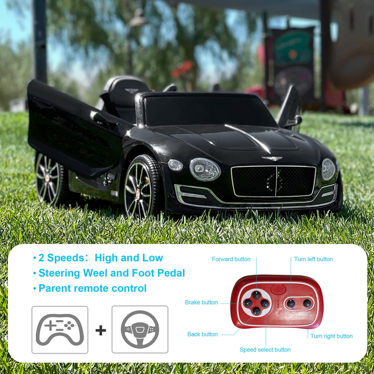 Electric Ride-On Car for Kids with 2 Speeds, Remote Control, and LED Lights - Officially Licensed by Bentley